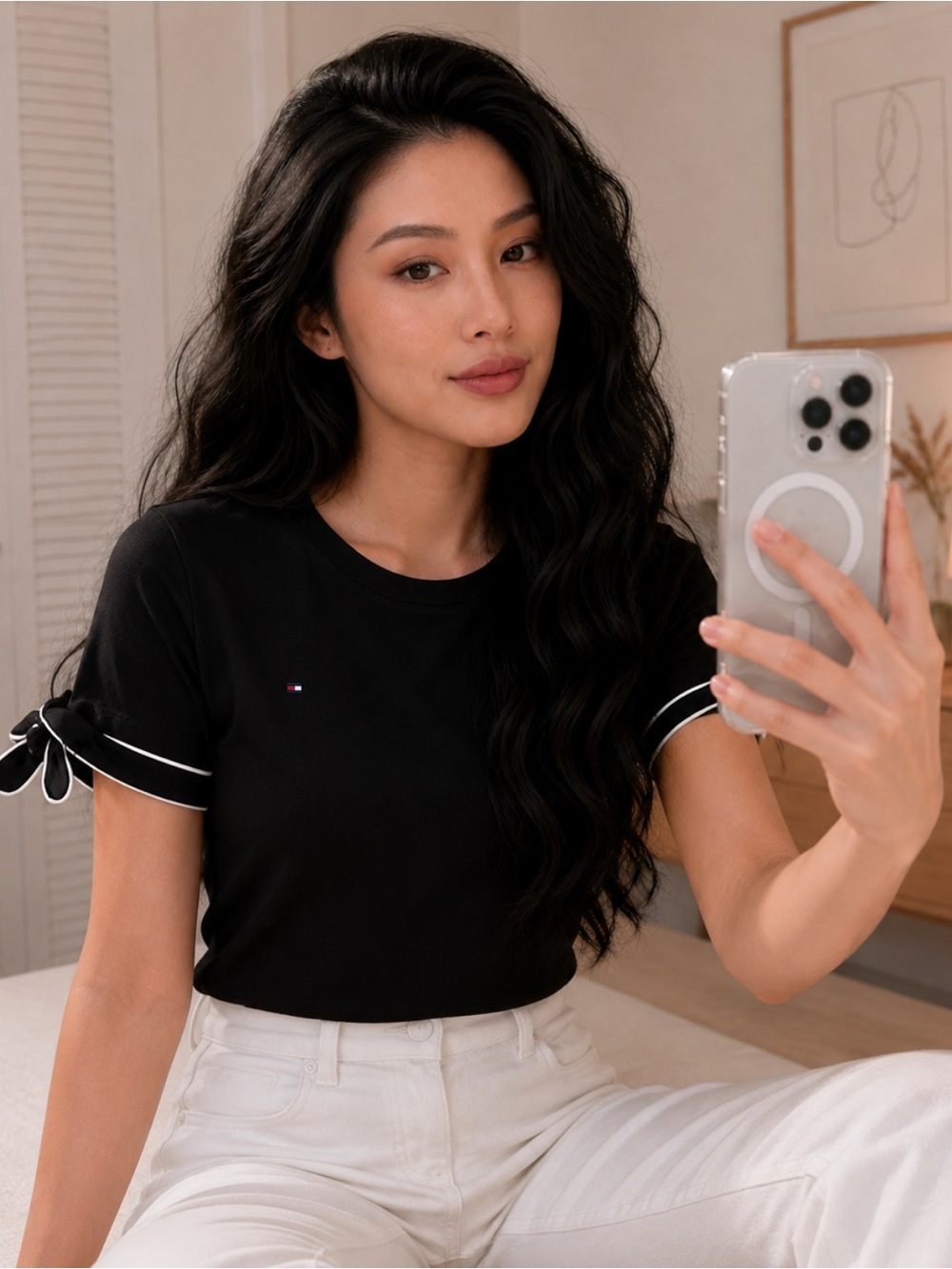 Tommy Hilfiger Black Short Sleeve Tee with Contrasting Trim and Sleeve Bows